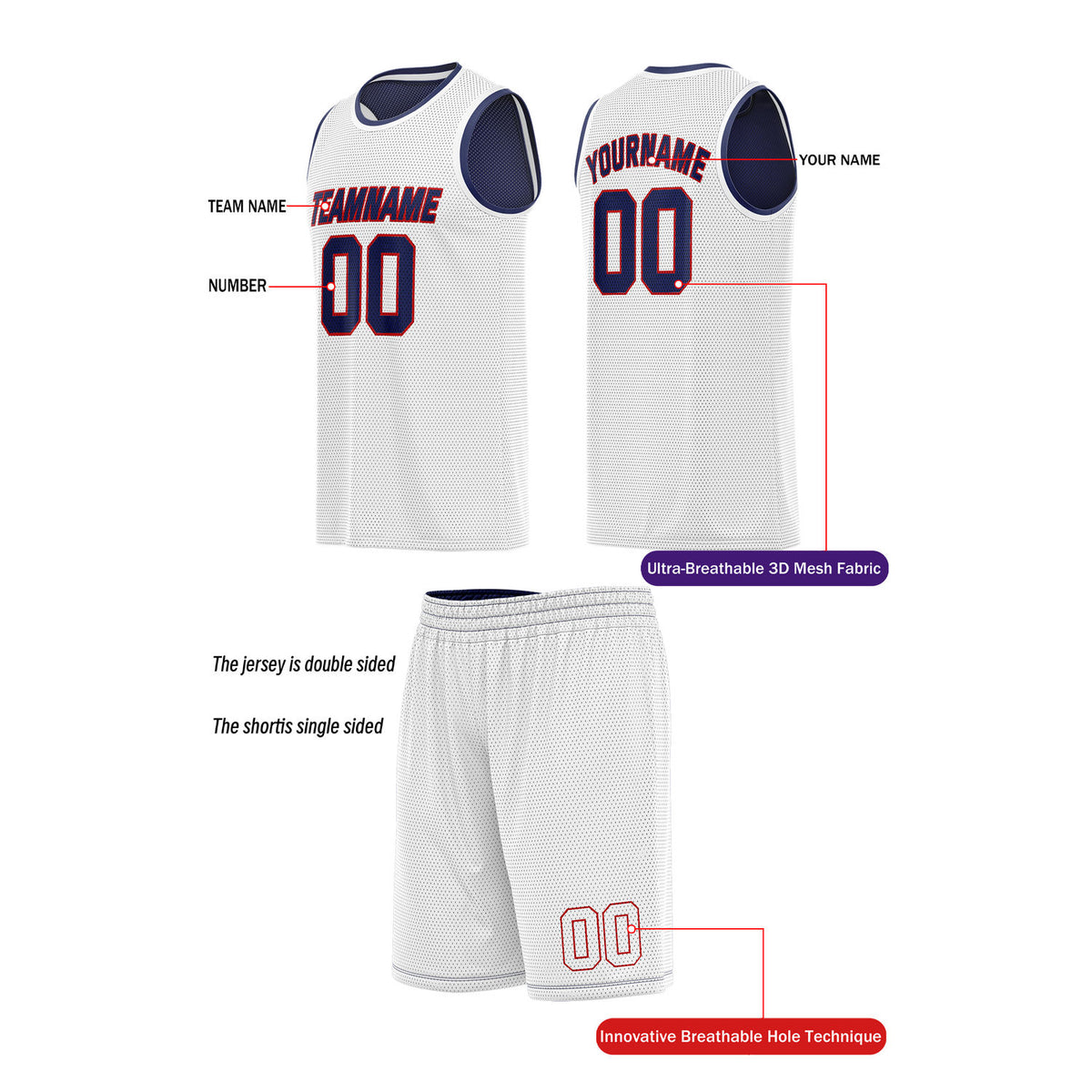Custom Reversible Navy & White Basketball Uniform (Jersey + Shorts) | Personalized Team Set | Vosoli