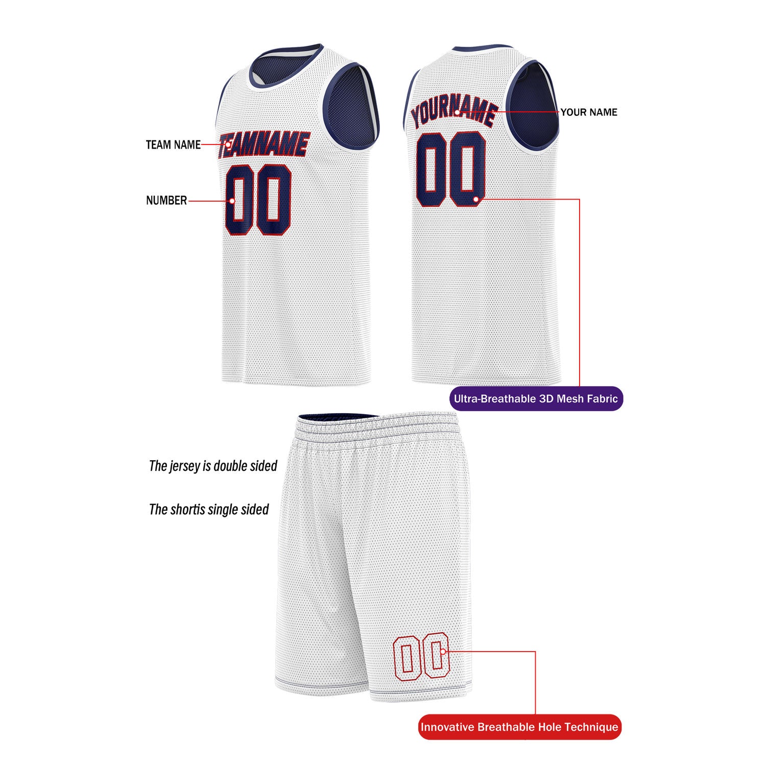 Custom Reversible Navy & White Basketball Uniform (Jersey + Shorts) | Personalized Team Set | Vosoli
