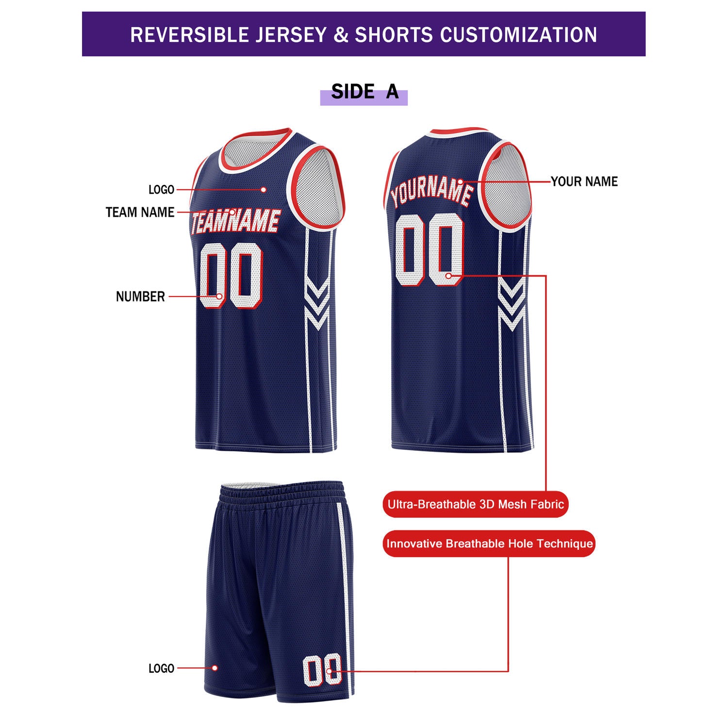 Custom Reversible Navy White Red Basketball Uniform Set | Team Name & Number - Vosoli