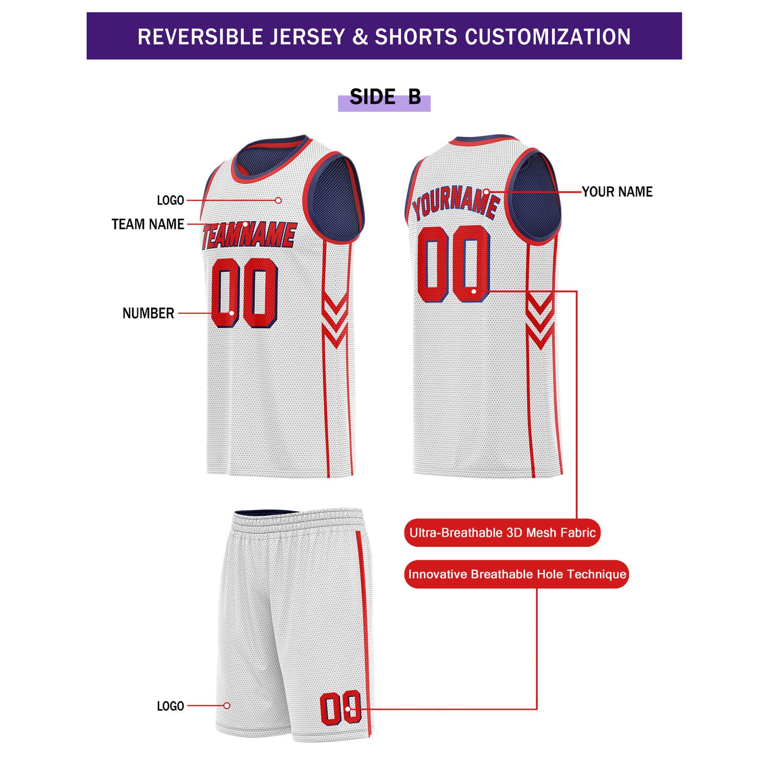 Custom Reversible Navy White Red Basketball Uniform Set | Team Name & Number - Vosoli