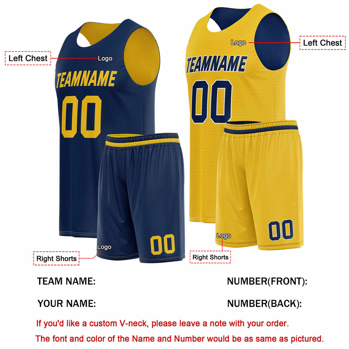 Custom Reversible Navy Yellow Basketball Uniform Set | Team Name & Number - Vosoli