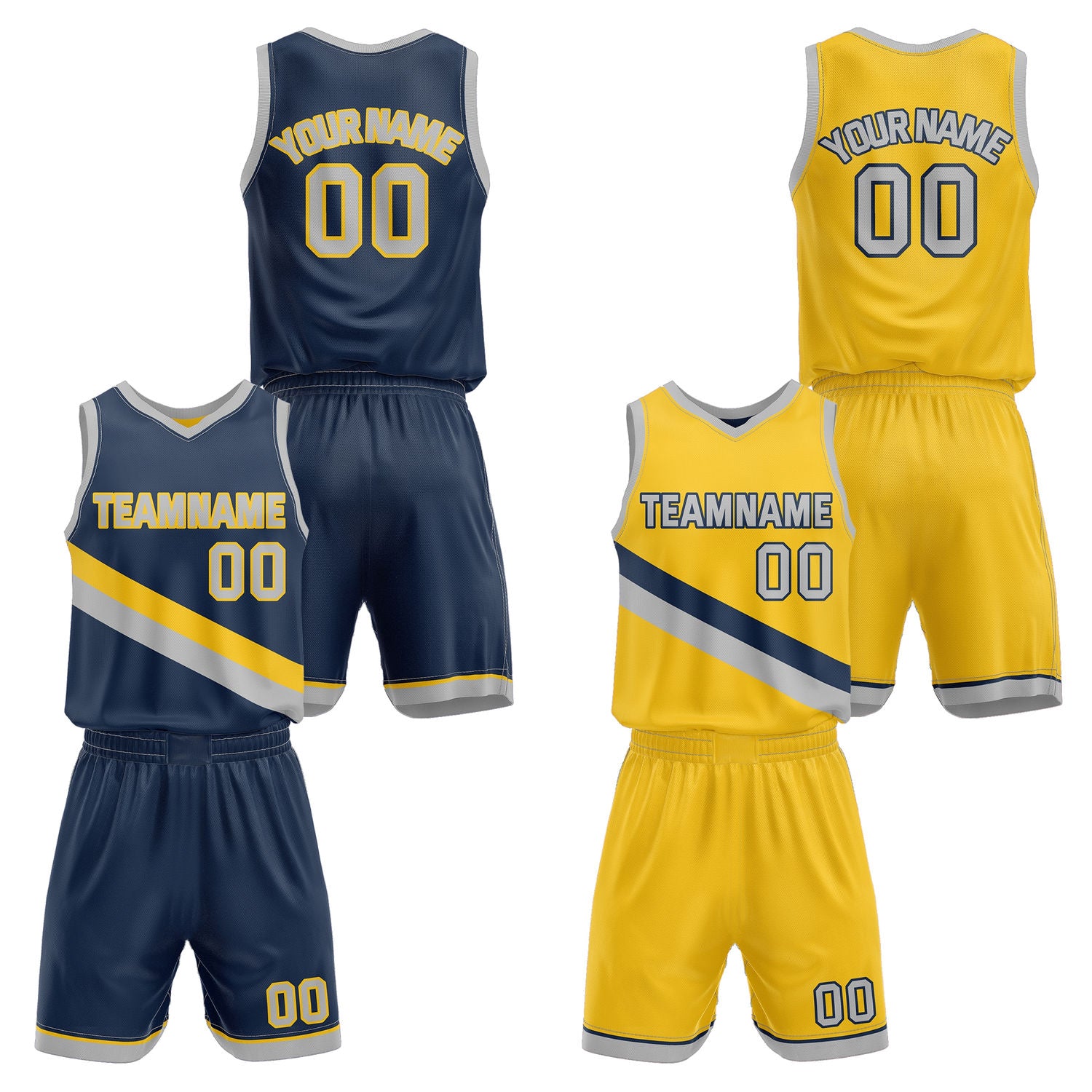 Custom Reversible Navy Yellow Grey Basketball Uniform Set | Team & Player Name - Vosoli