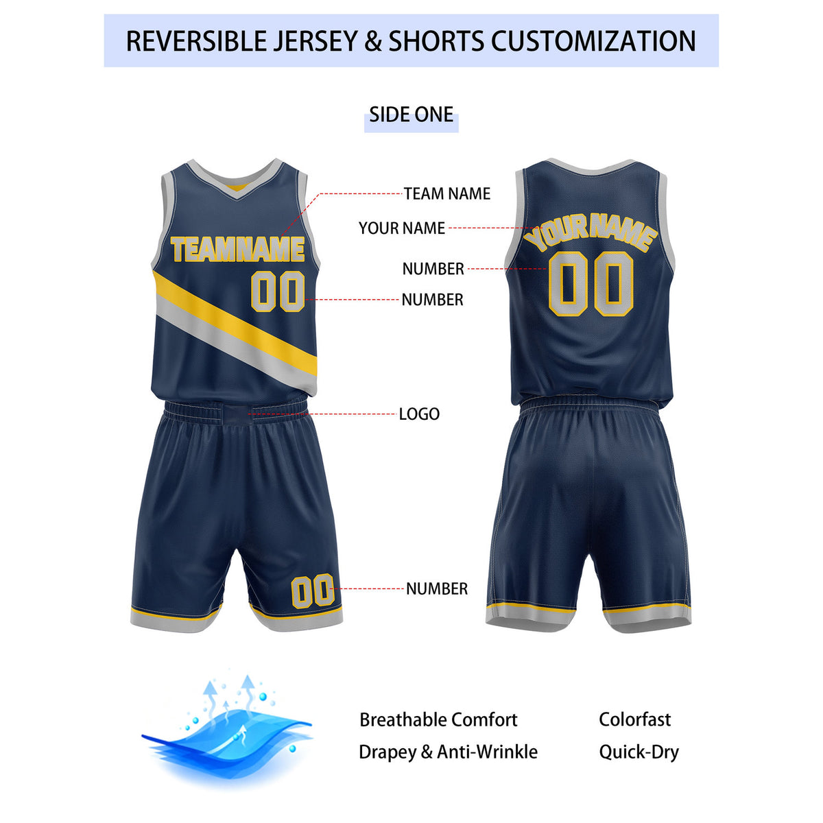 Custom Reversible Navy Yellow Grey Basketball Uniform Set | Team & Player Name - Vosoli