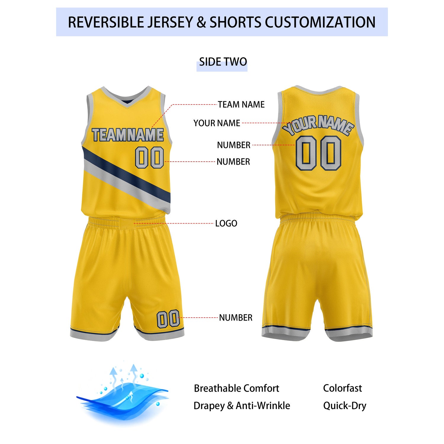 Custom Reversible Navy Yellow Grey Basketball Uniform Set | Team & Player Name - Vosoli