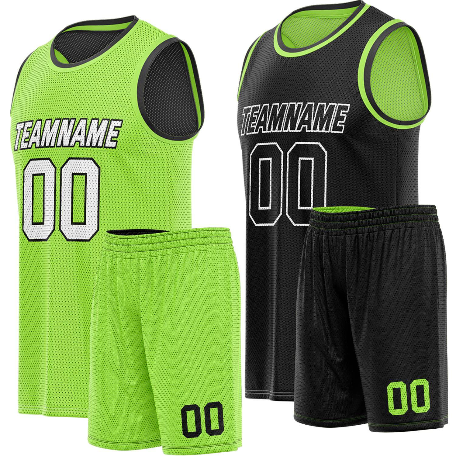 Custom reversible neon green & black basketball uniform, personalized team name number Logo breathable Mesh sports set for men women youth Adult game practice - Vosoli