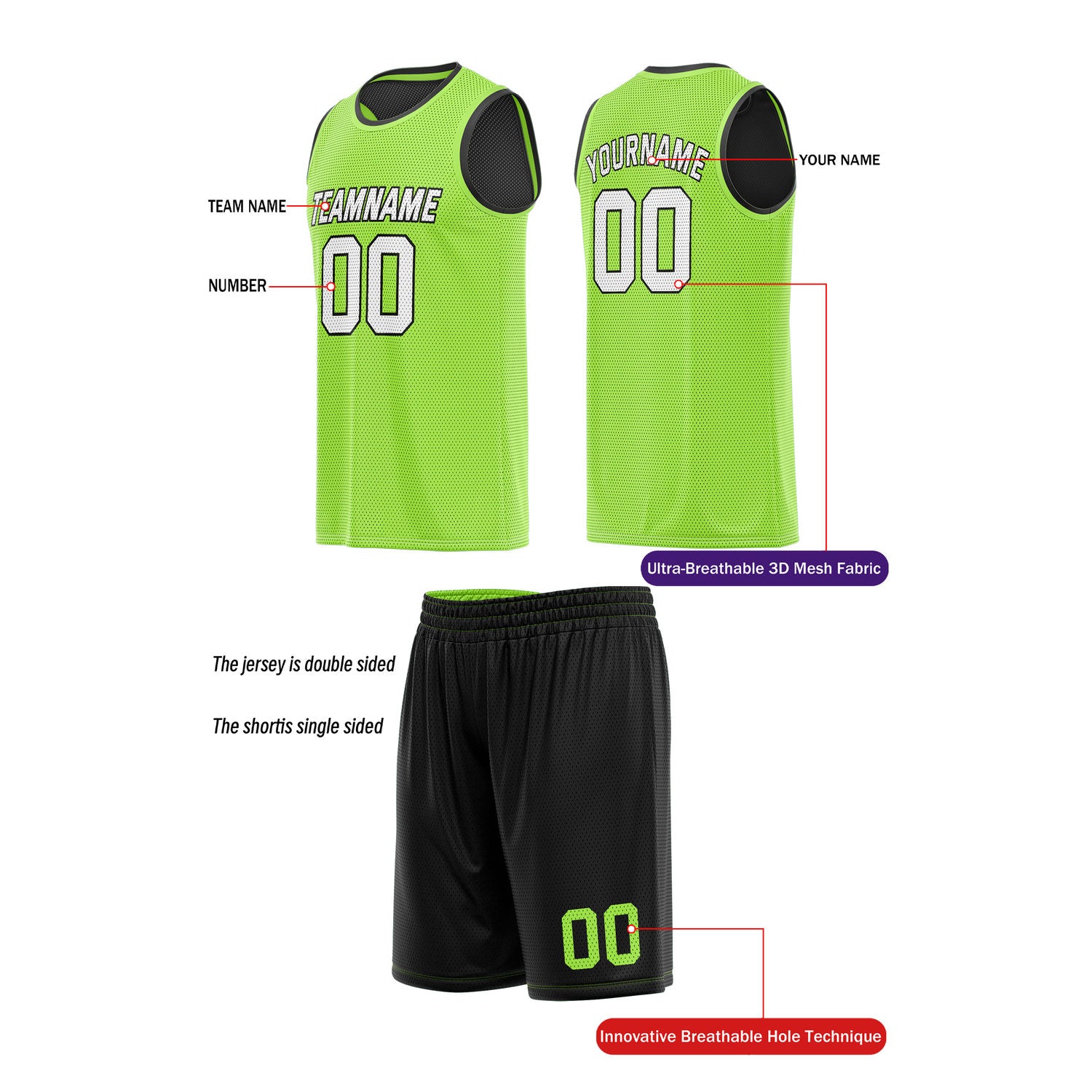 Custom Reversible Neon Green & Black Basketball Uniform (Jersey + Shorts) | Personalized Team Set | Vosoli
