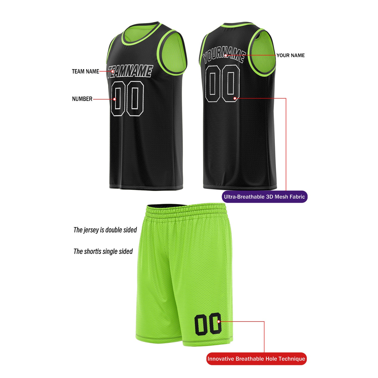 Custom Reversible Neon Green & Black Basketball Uniform (Jersey + Shorts) | Personalized Team Set | Vosoli
