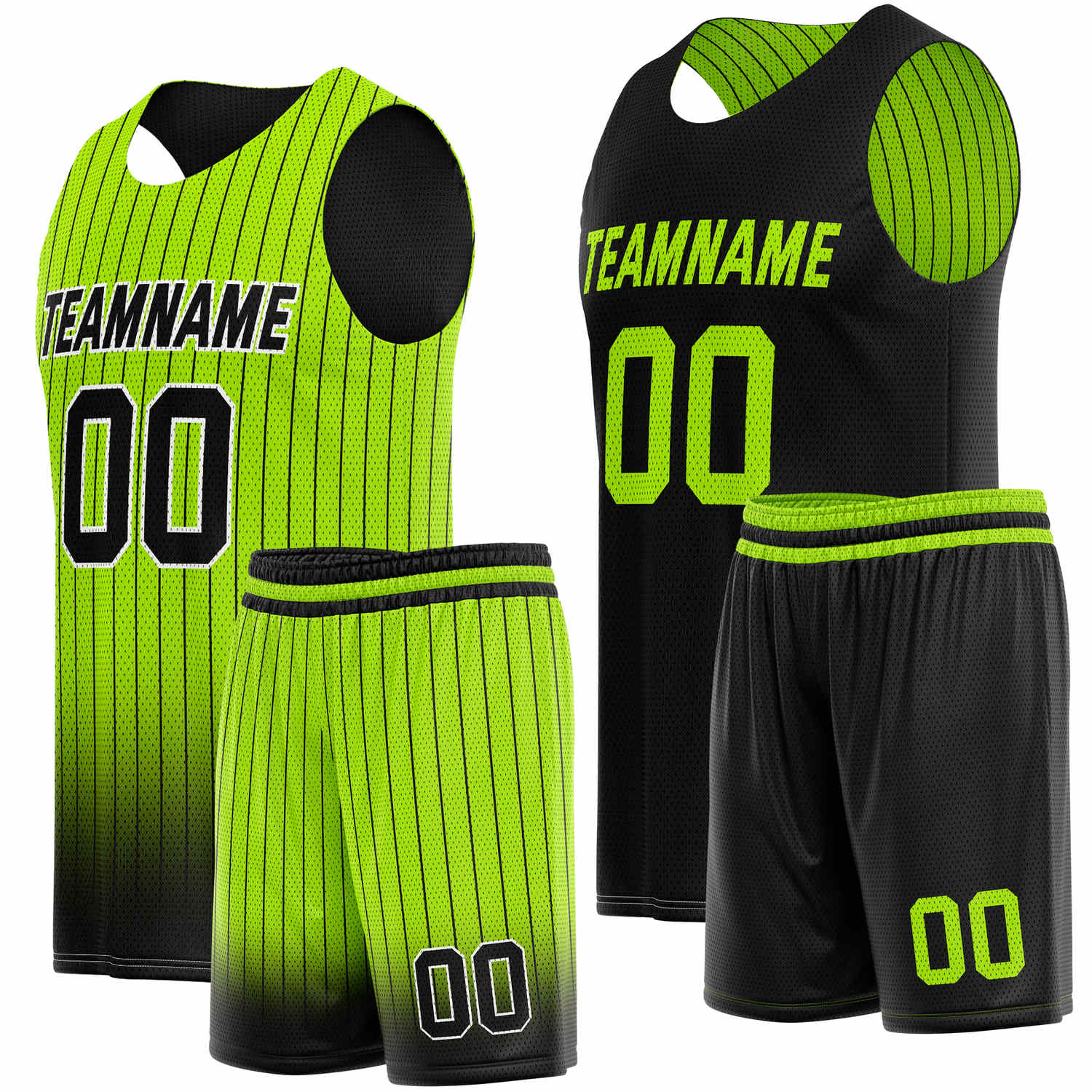 Custom Reversible Basketball Jersey + Shorts Set (Neon Green & Black Stripe) - Personalized Team Name, Number & LOGO | Vosoli