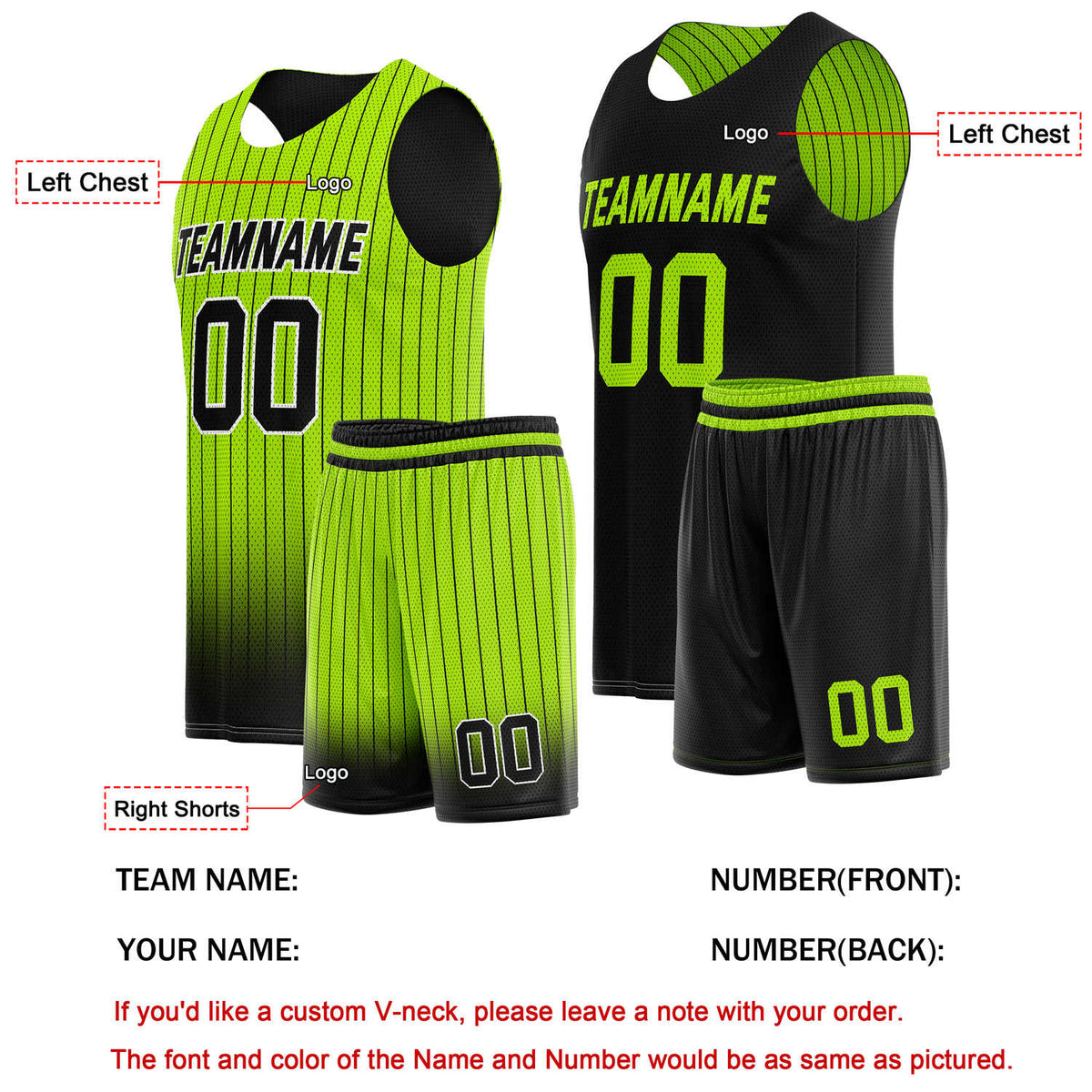 Custom Reversible Basketball Jersey + Shorts Set (Neon Green & Black Stripe) - Personalized Team Name, Number & LOGO | Vosoli