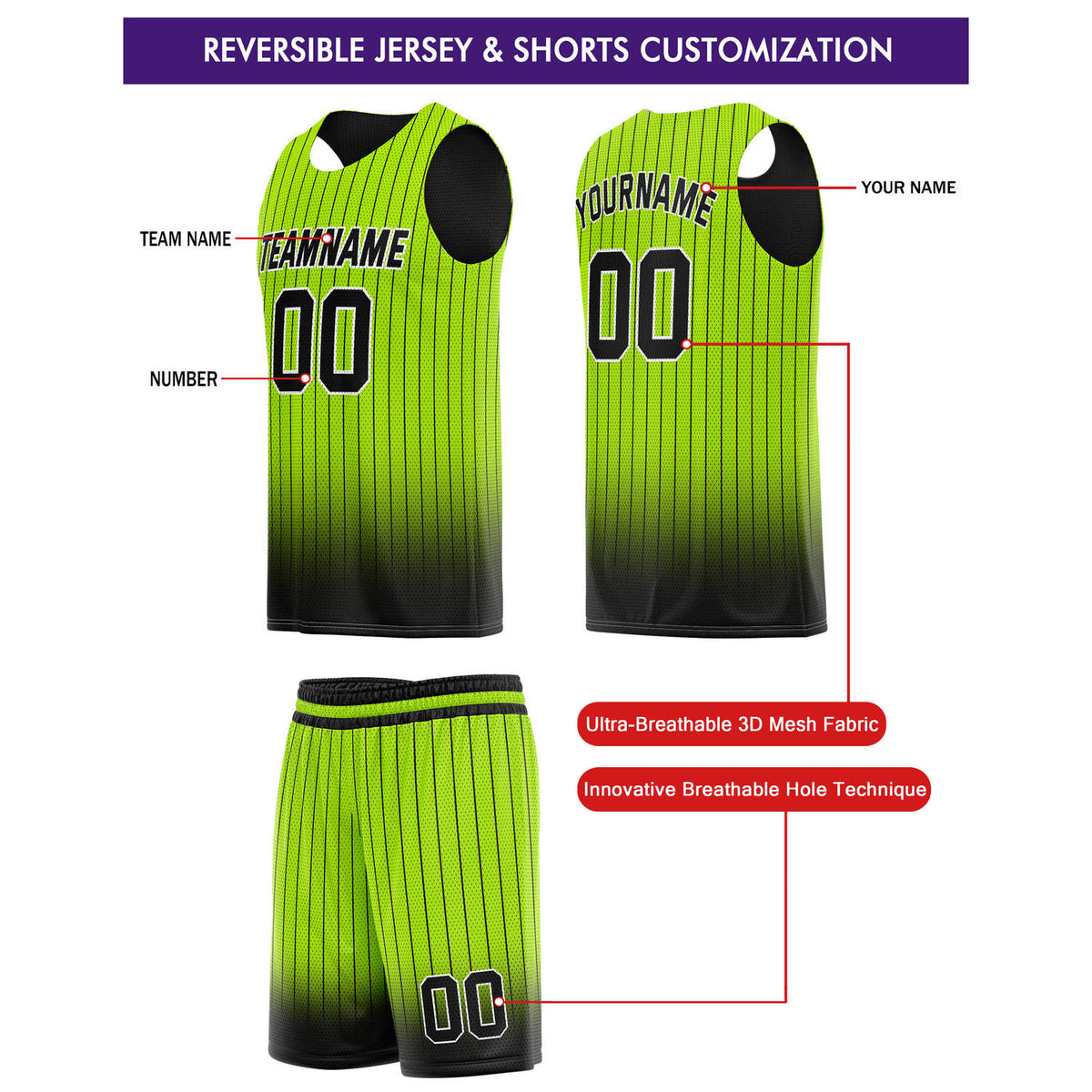 Custom Reversible Basketball Jersey + Shorts Set (Neon Green & Black Stripe) - Personalized Team Name, Number & LOGO | Vosoli