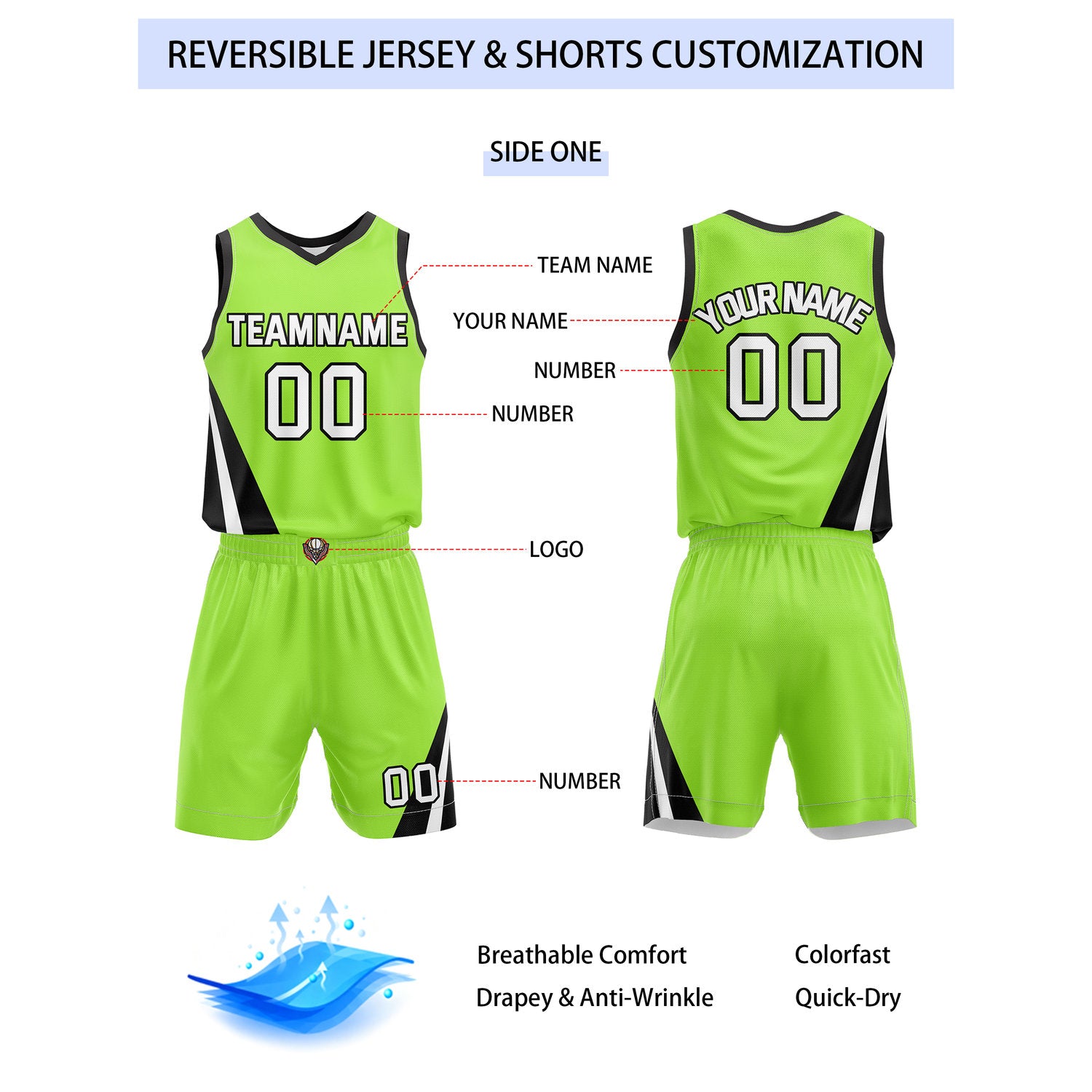 Custom Reversible Neon Green White Basketball Uniform Set | Team & Player Name - Vosoli