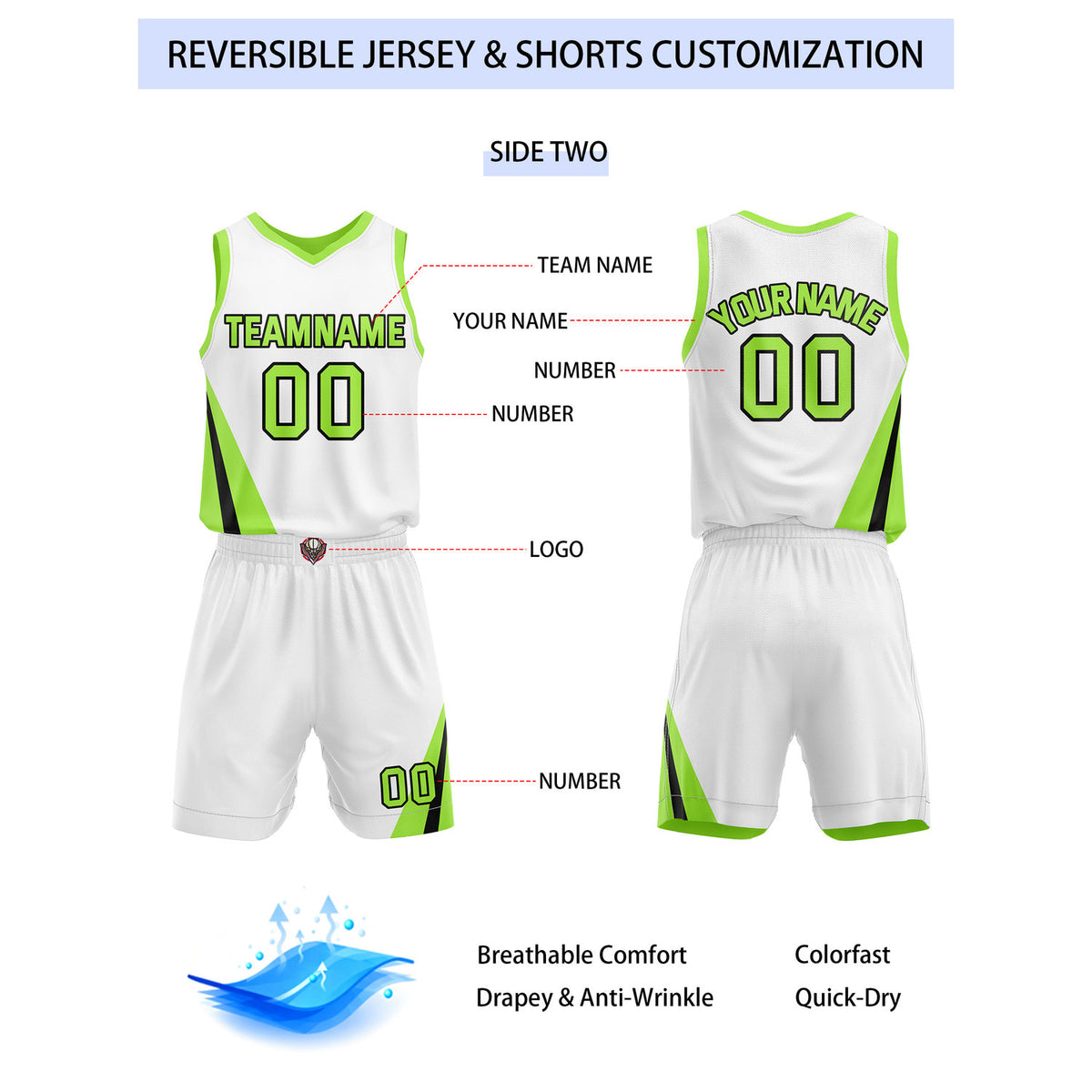 Custom Reversible Neon Green White Basketball Uniform Set | Team & Player Name - Vosoli