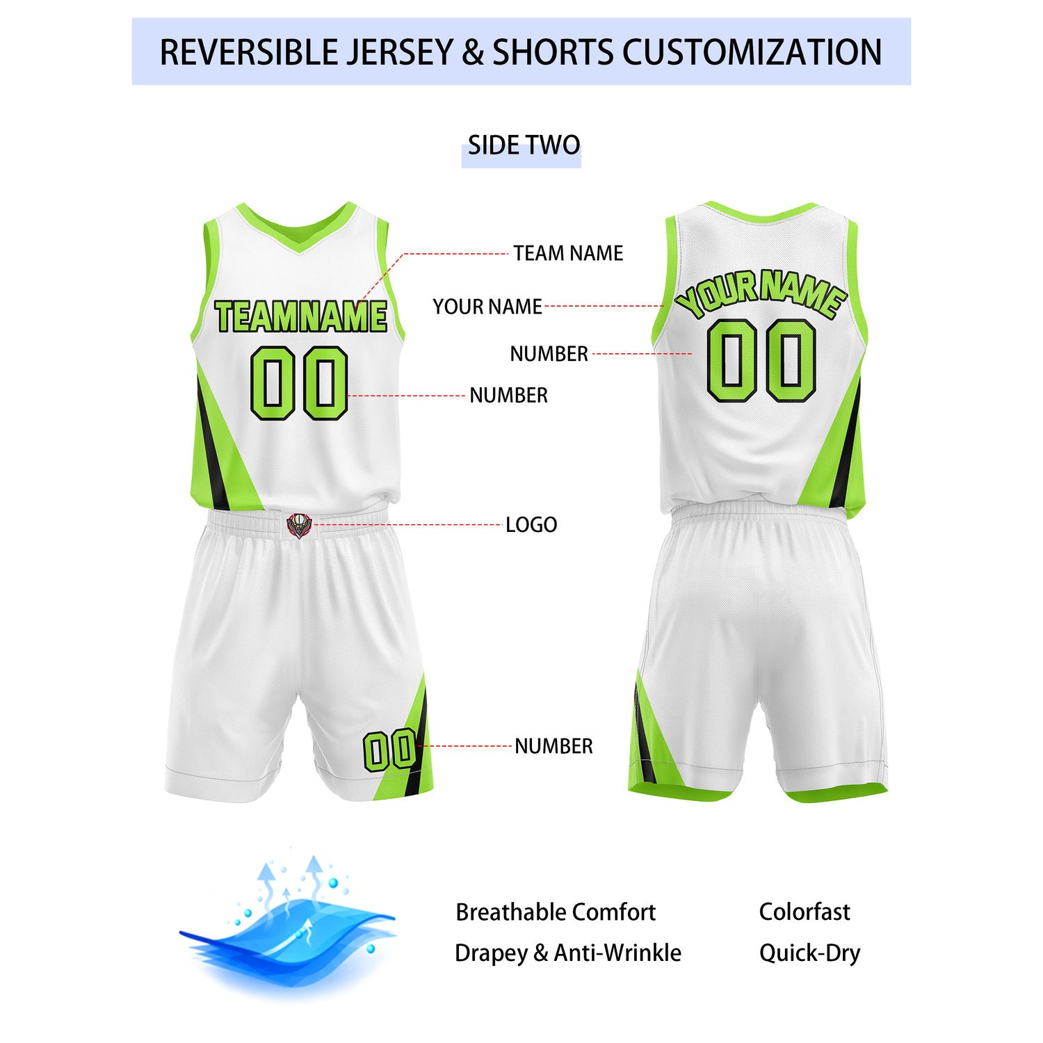 Custom Reversible Neon Green White Basketball Uniform Set | Team & Player Name - Vosoli