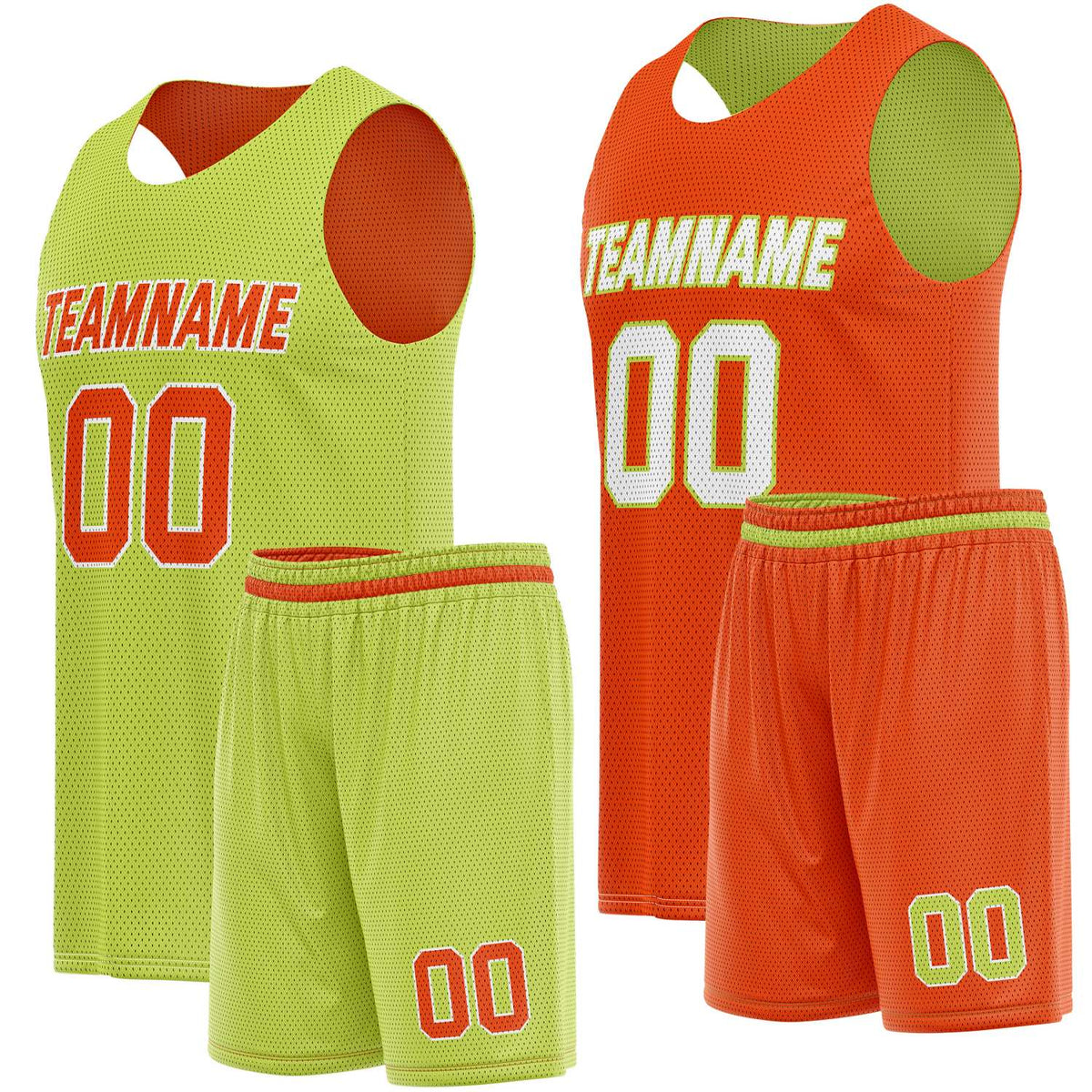 Custom Reversible Neon Lime Orange Basketball Jersey Shorts Set, Personalized Team Name Number Logo, Breathable Mesh Uniform for Men Women Youth