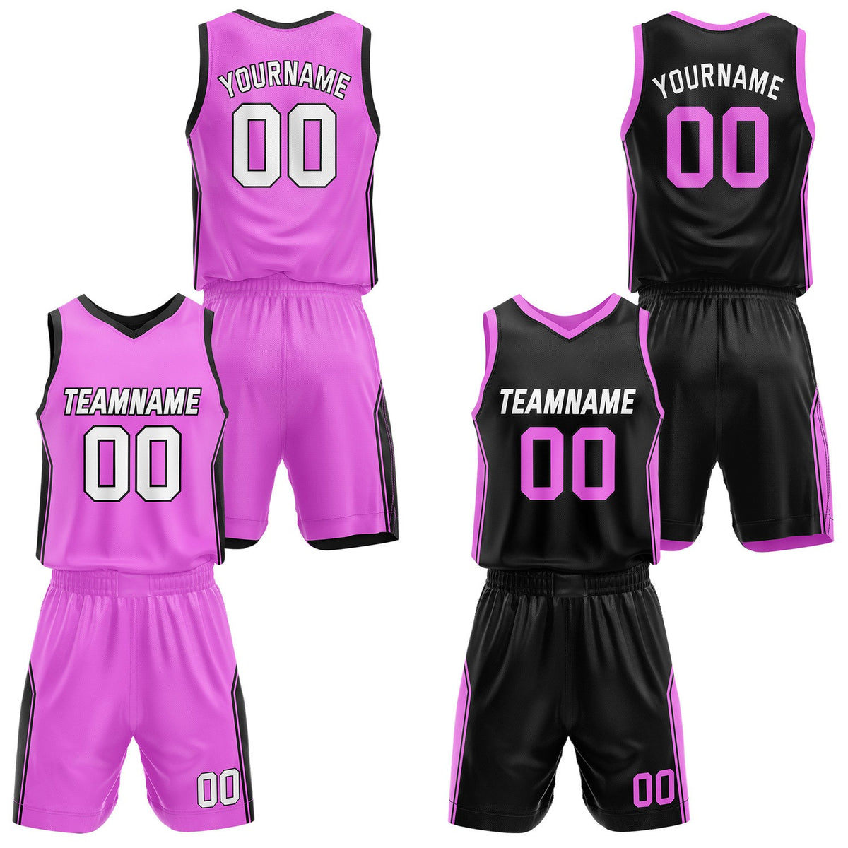 Custom Reversible Pink Black Basketball Jersey and Shorts Set, Personalized Team Name Number Breathable Mesh Uniform for Men Women Youth