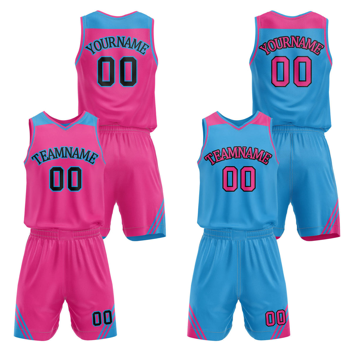 Custom reversible pink &amp; turquoise basketball uniform set, personalized with team name number and logo, breathable mesh fabric for men women youth game practice - Vosoli