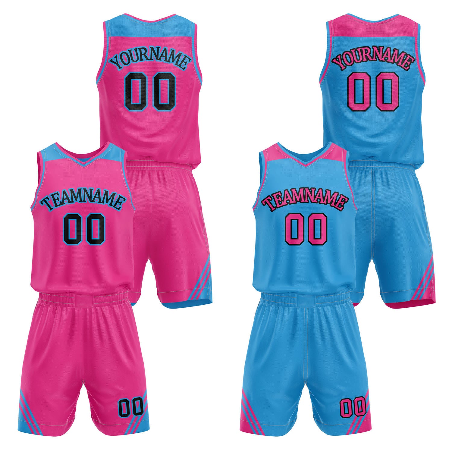 Custom reversible pink & turquoise basketball uniform set, personalized with team name number and logo, breathable mesh fabric for men women youth game practice - Vosoli
