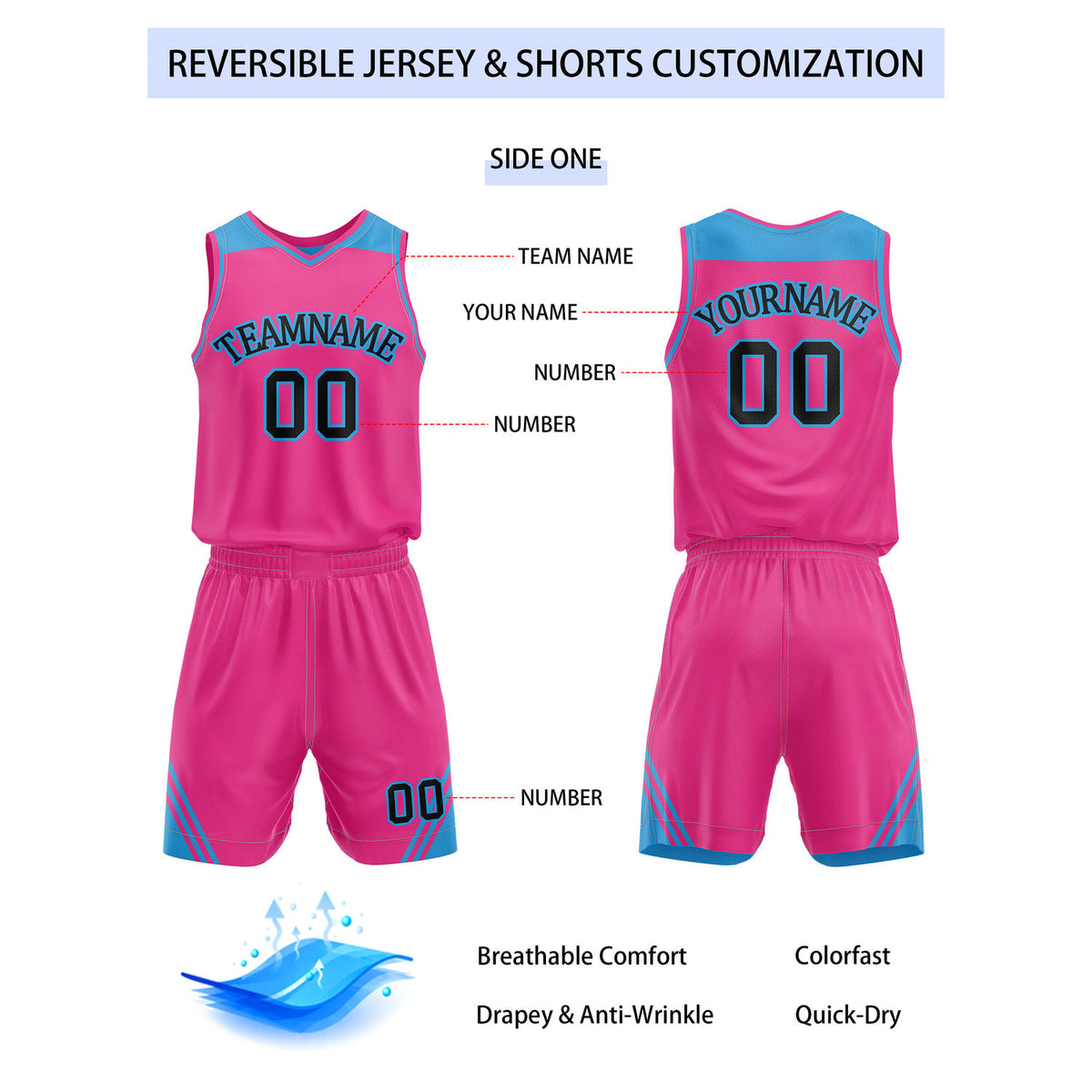 Custom Reversible Neon Pink Turquoise Basketball Uniform Set | Team Name & Number - Vosoli