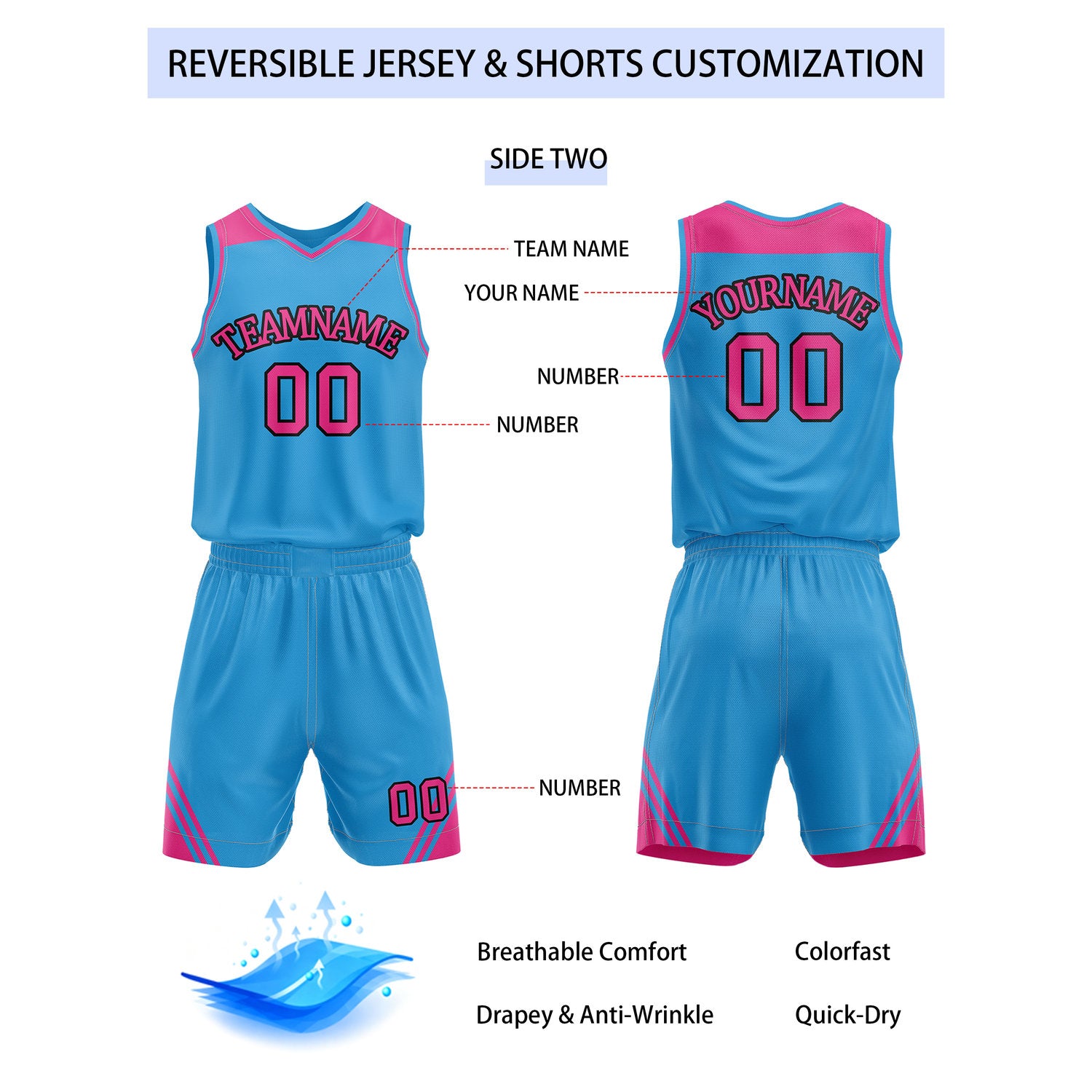 Custom Reversible Neon Pink Turquoise Basketball Uniform Set | Team Name & Number - Vosoli