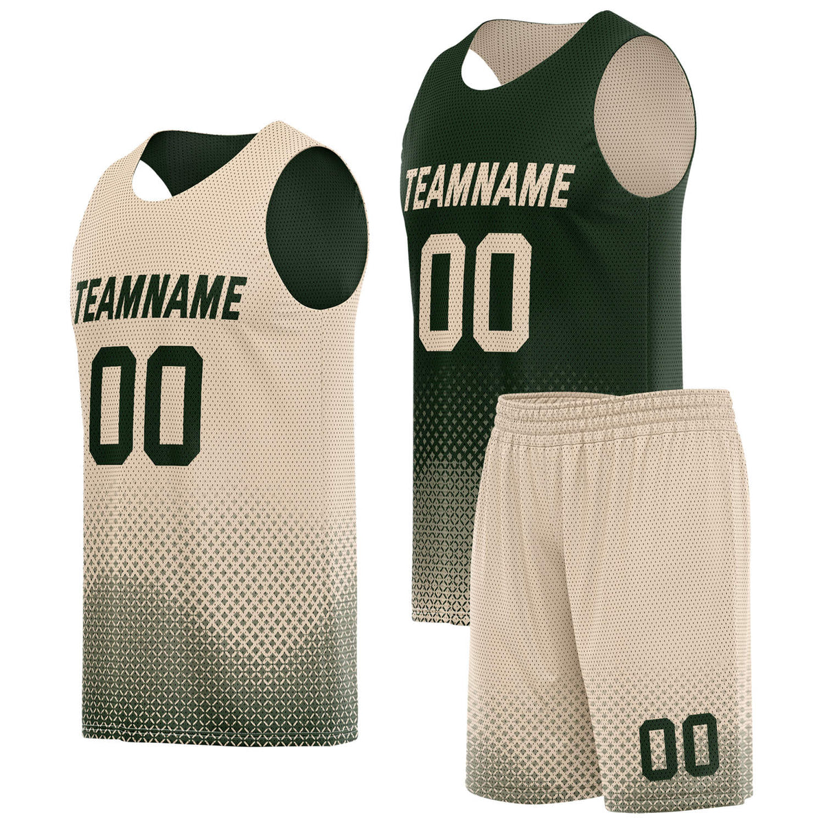 Custom reversible olive beige basketball uniform, personalized team name number logo breathable Mesh sports set for men women youth game practice wear - Vosoli