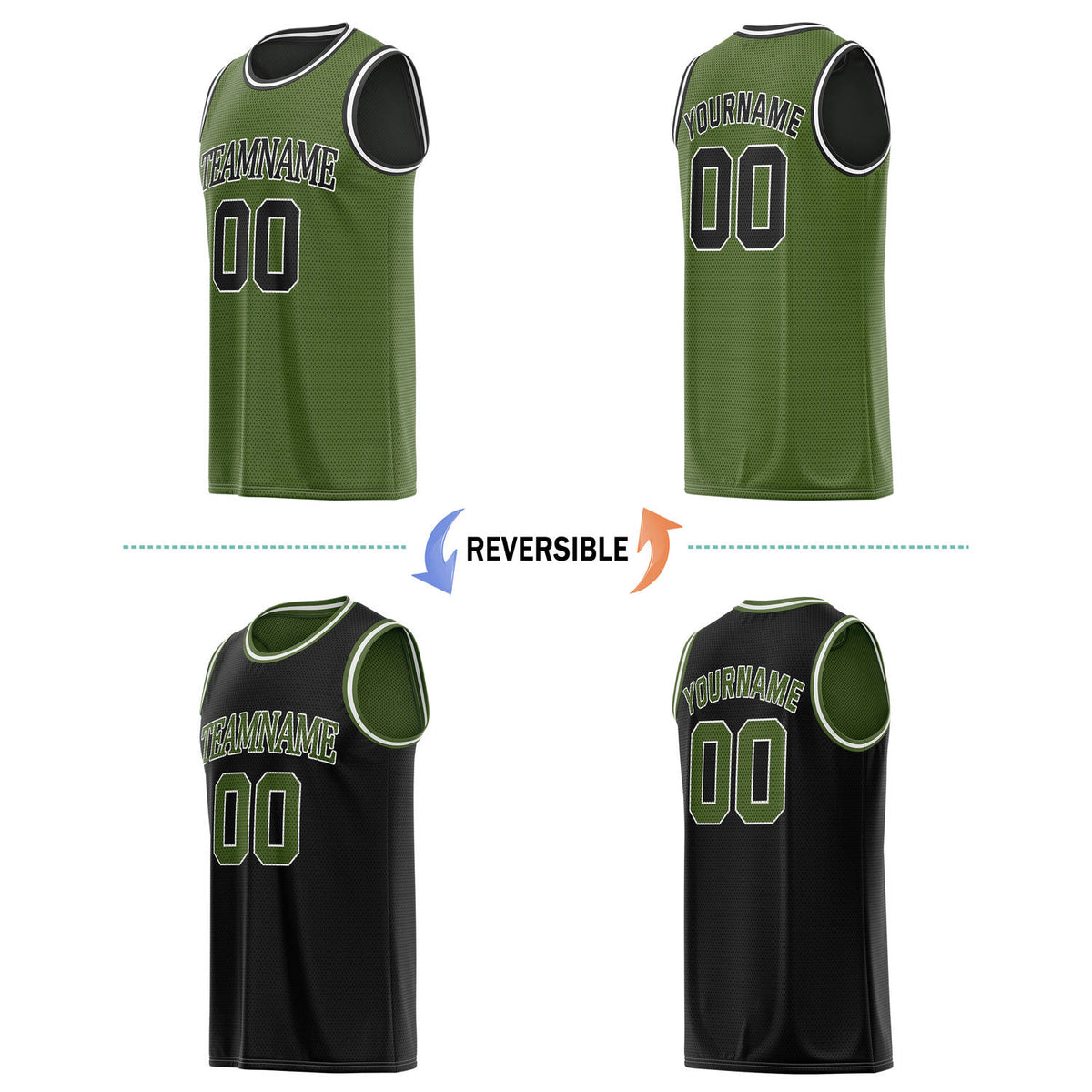Custom Reversible Olive Green & Black Basketball Jersey | Personalized Team Name & Number - Vosoli