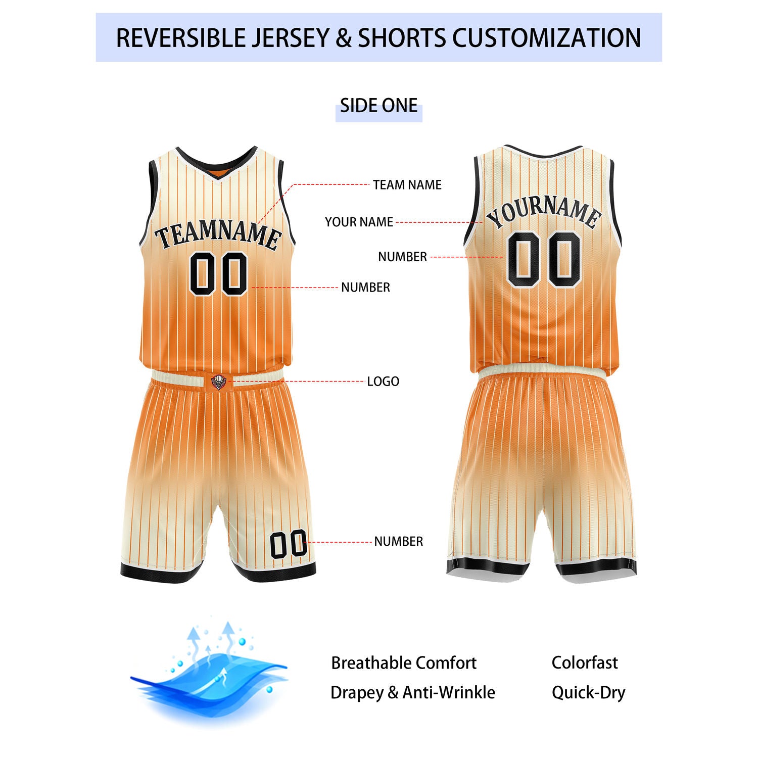 Custom Reversible Orange Beige Gradient Striped Basketball Uniform Set | Team & Player Name - Vosoli