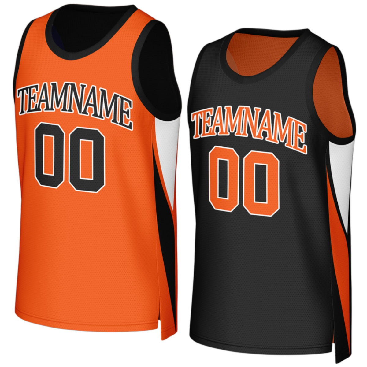 Custom orange and black reversible basketball jersey for middle school by Vosoli with personalized team name, number and logo on both sides, breathable mesh 2‑in‑1 jersey for middle school, high school and AAU teams