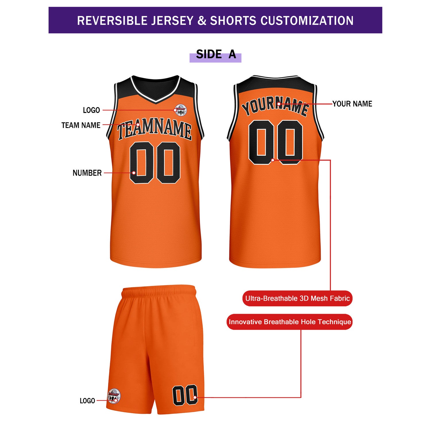 Custom Reversible Orange Black Basketball Uniform Set | Team Name & Number - Vosoli