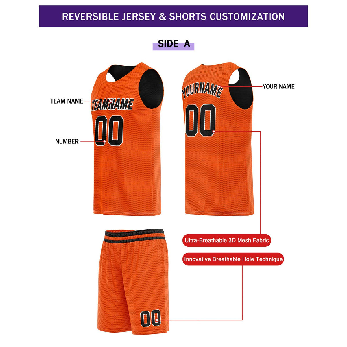 Custom Reversible Orange Black Basketball Uniform Set | Team Name & Number - Vosoli