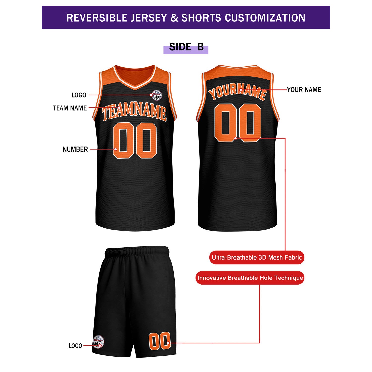 Custom Reversible Orange Black Basketball Uniform Set | Team Name & Number - Vosoli