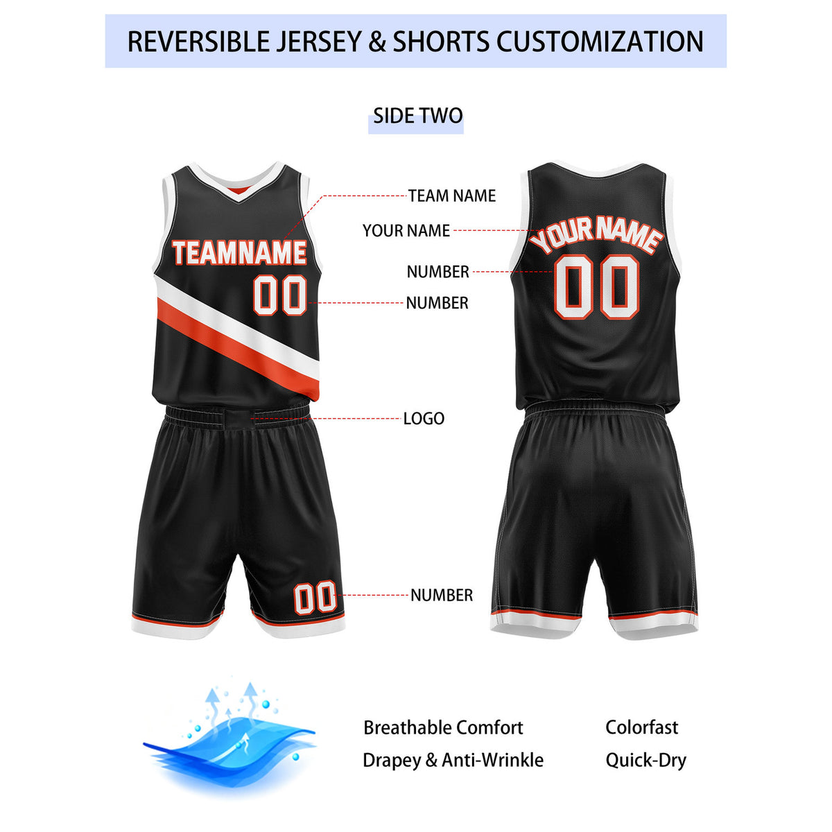 Custom Reversible Orange Black Basketball Uniform Set | Team & Player Name - Vosoli