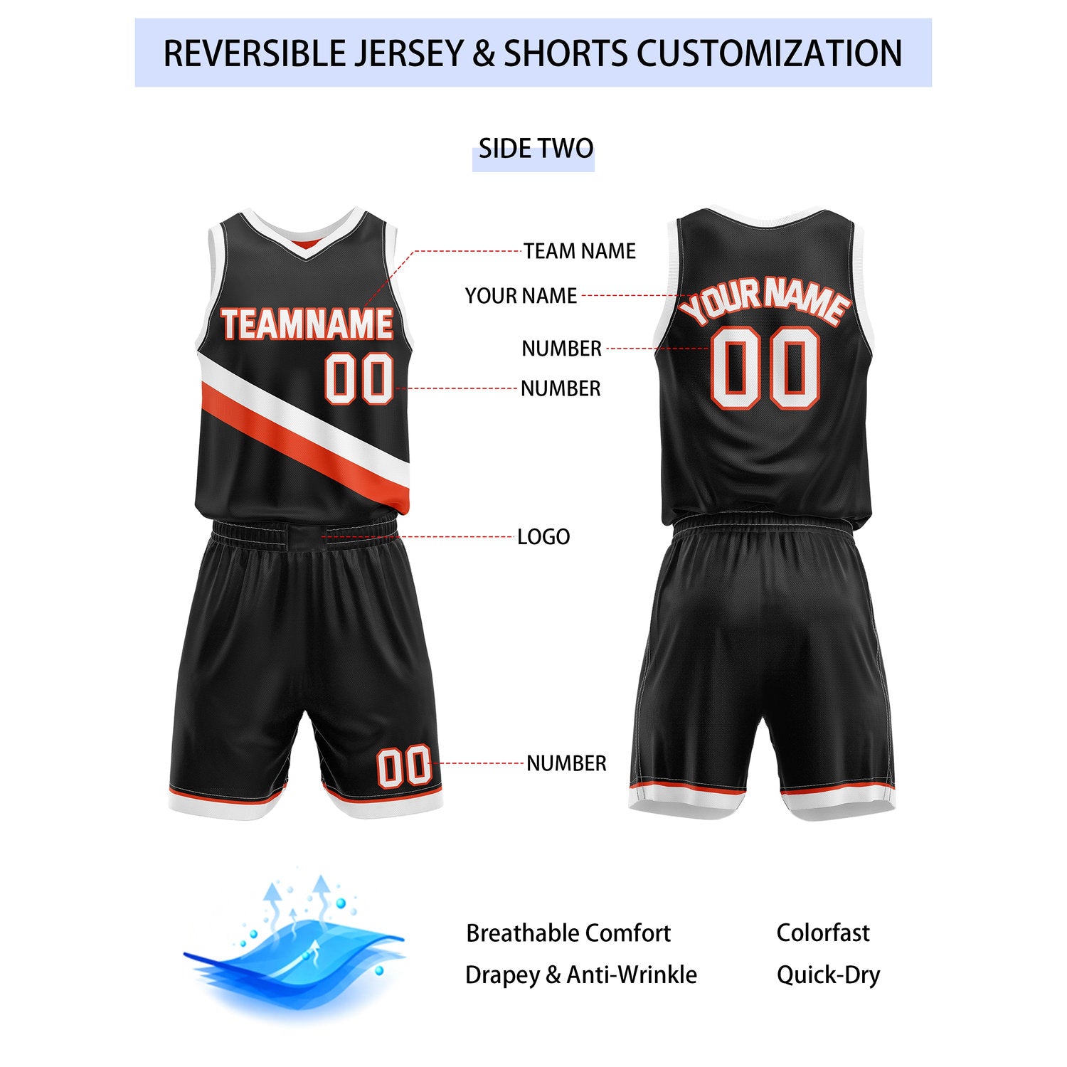 Custom Reversible Orange Black Basketball Uniform Set | Team & Player Name - Vosoli