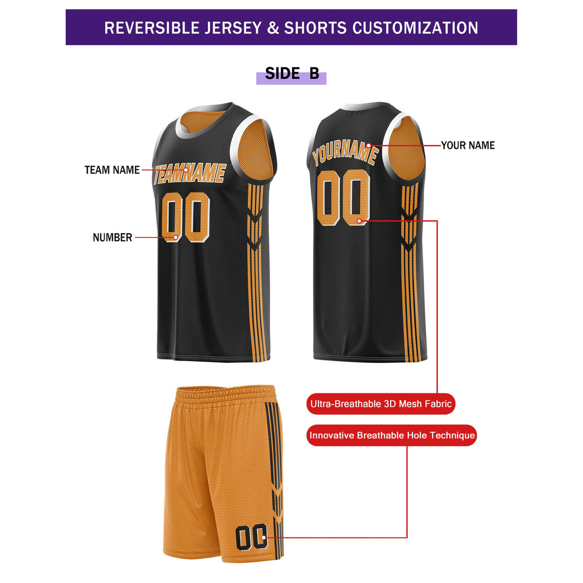 Custom Reversible Orange Black Basketball Uniform Set | Team & Player Name - Vosoli