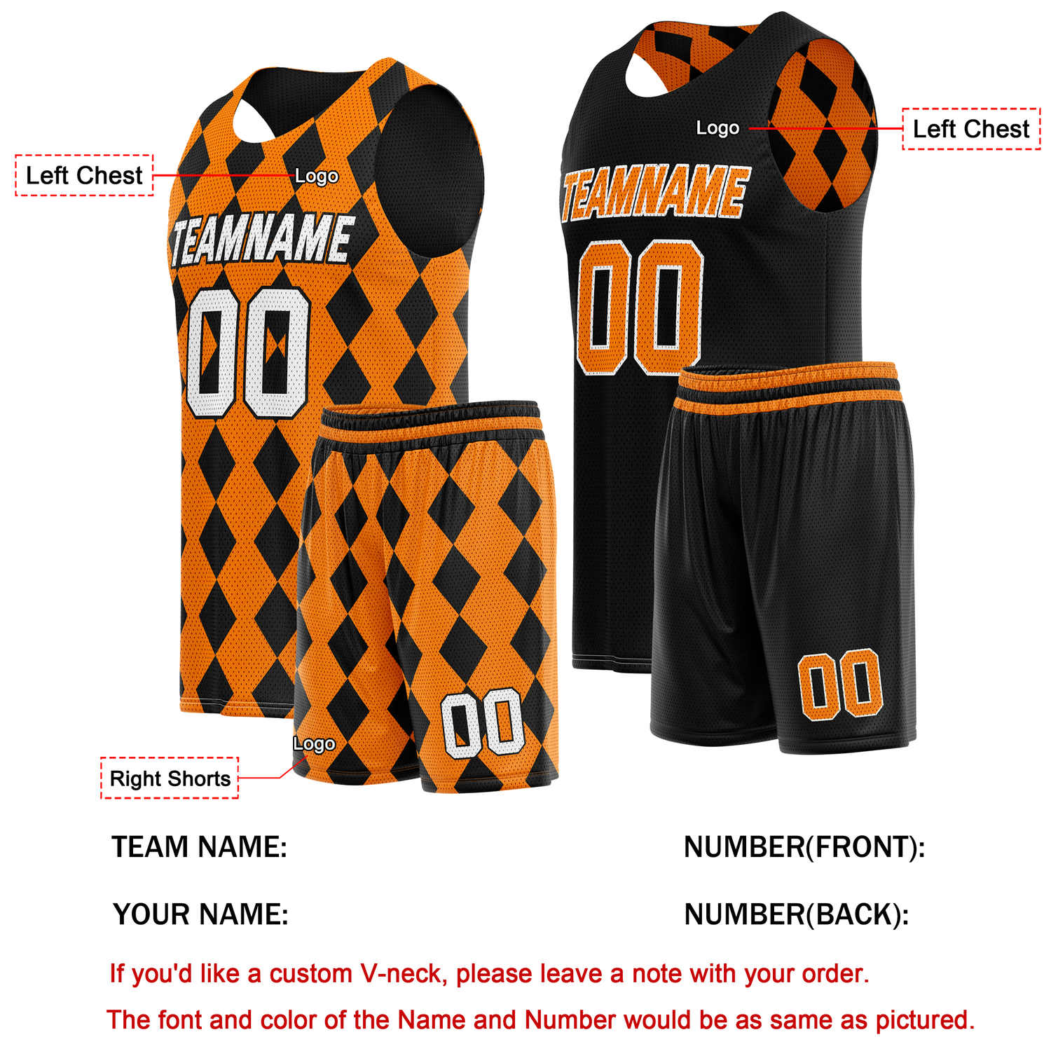 Custom Reversible Basketball Jersey + Shorts Set (Orange & Black) - Personalized Team Name, Number & LOGO | Vosoli