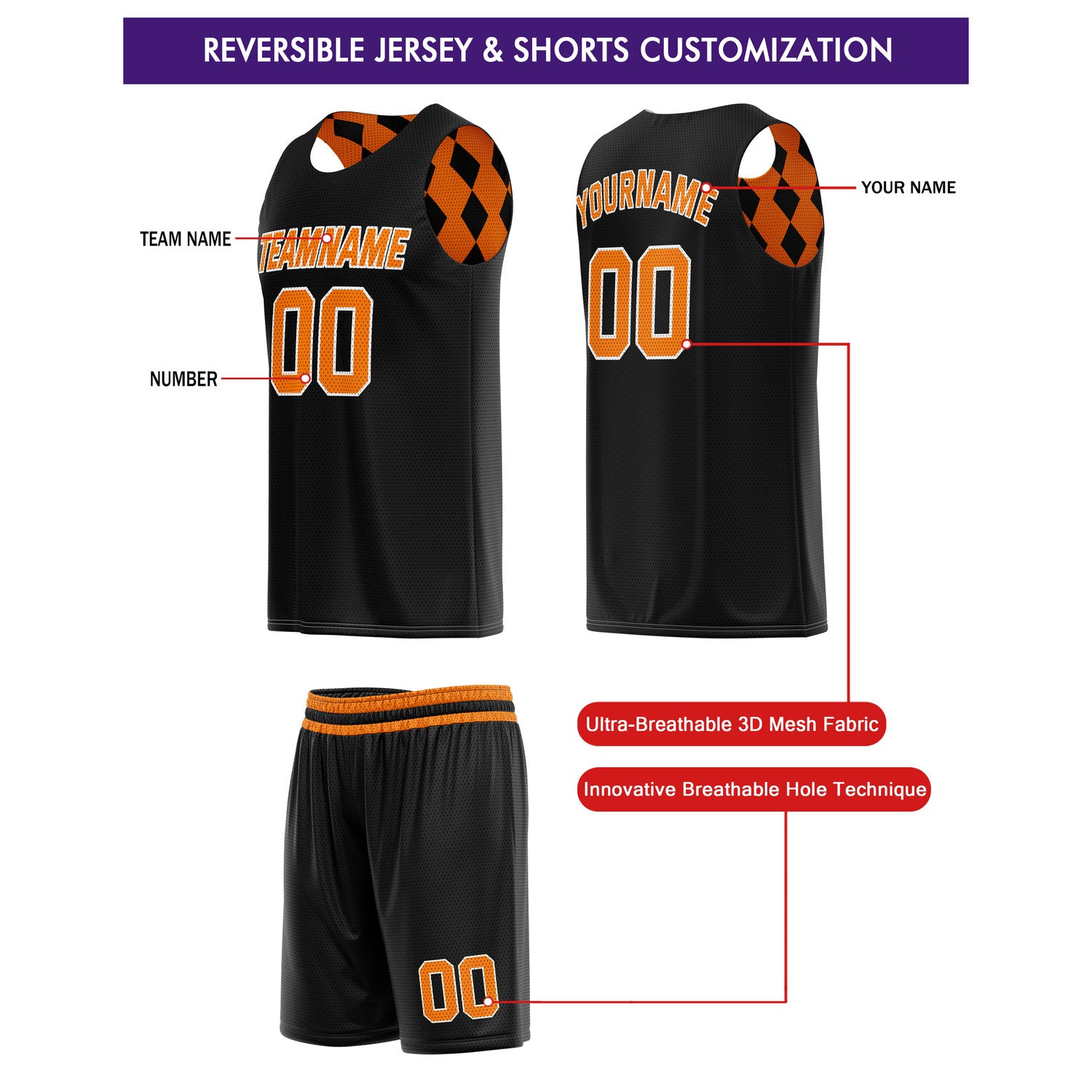 Custom Reversible Basketball Jersey + Shorts Set (Orange & Black) - Personalized Team Name, Number & LOGO | Vosoli