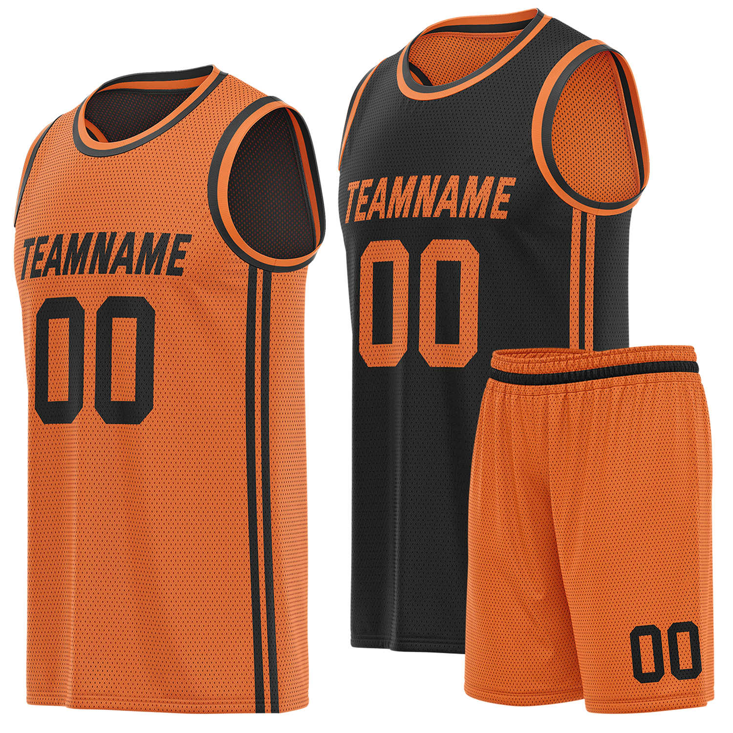 Custom reversible orange & black basketball uniform (jersey + shorts), personalized team name number logo breathable mesh sports set for men women youth game practice - Vosoli