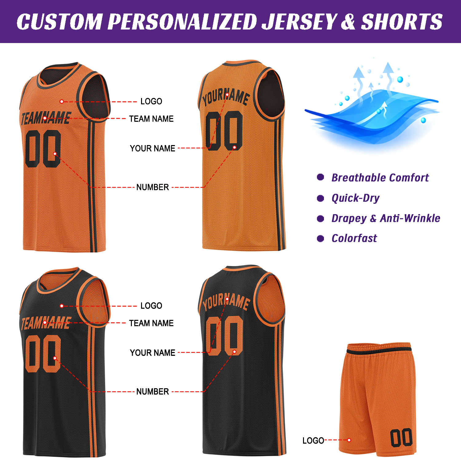Custom reversible orange & black basketball uniform (jersey + shorts), personalized team name number logo breathable mesh sports set for men women youth game practice - Vosoli