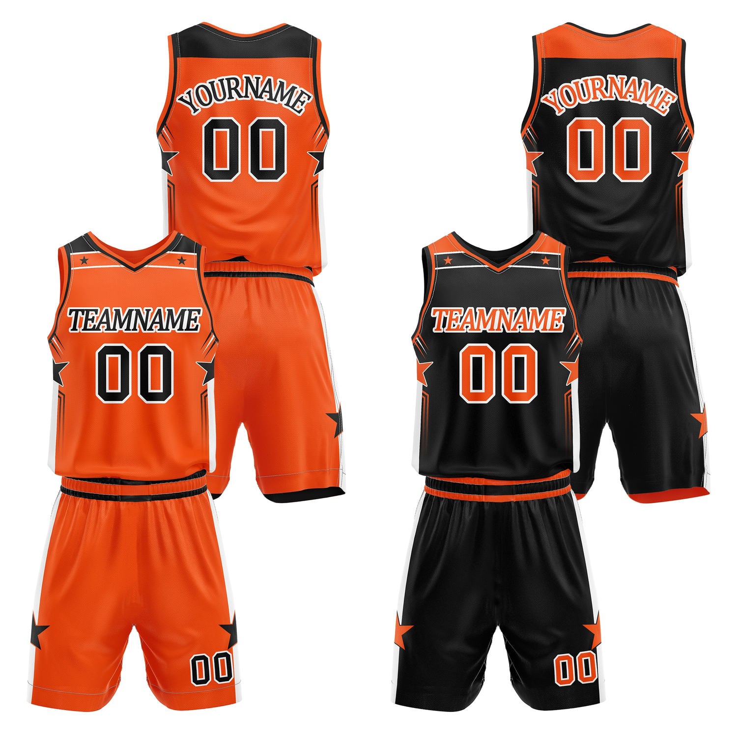 Custom reversible orange & black basketball uniform set, personalized with team name number and logo, breathable mesh fabric for men women youth game practice - Vosoli