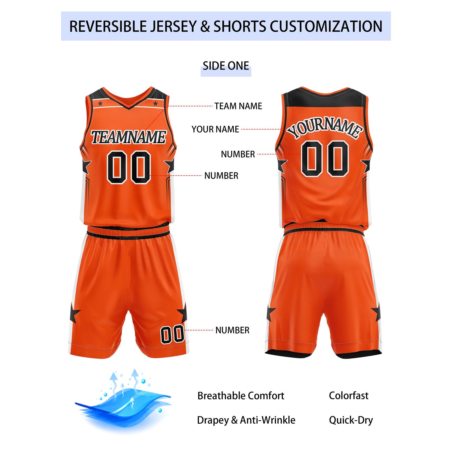 Custom Reversible Orange Black Star Basketball Uniform Set | Team Name & Number - Vosoli