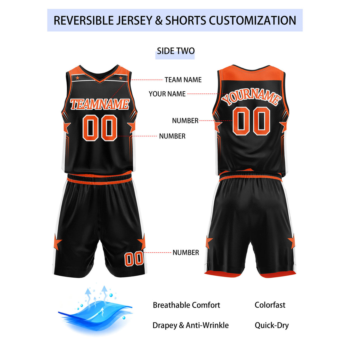 Custom Reversible Orange Black Star Basketball Uniform Set | Team Name & Number - Vosoli