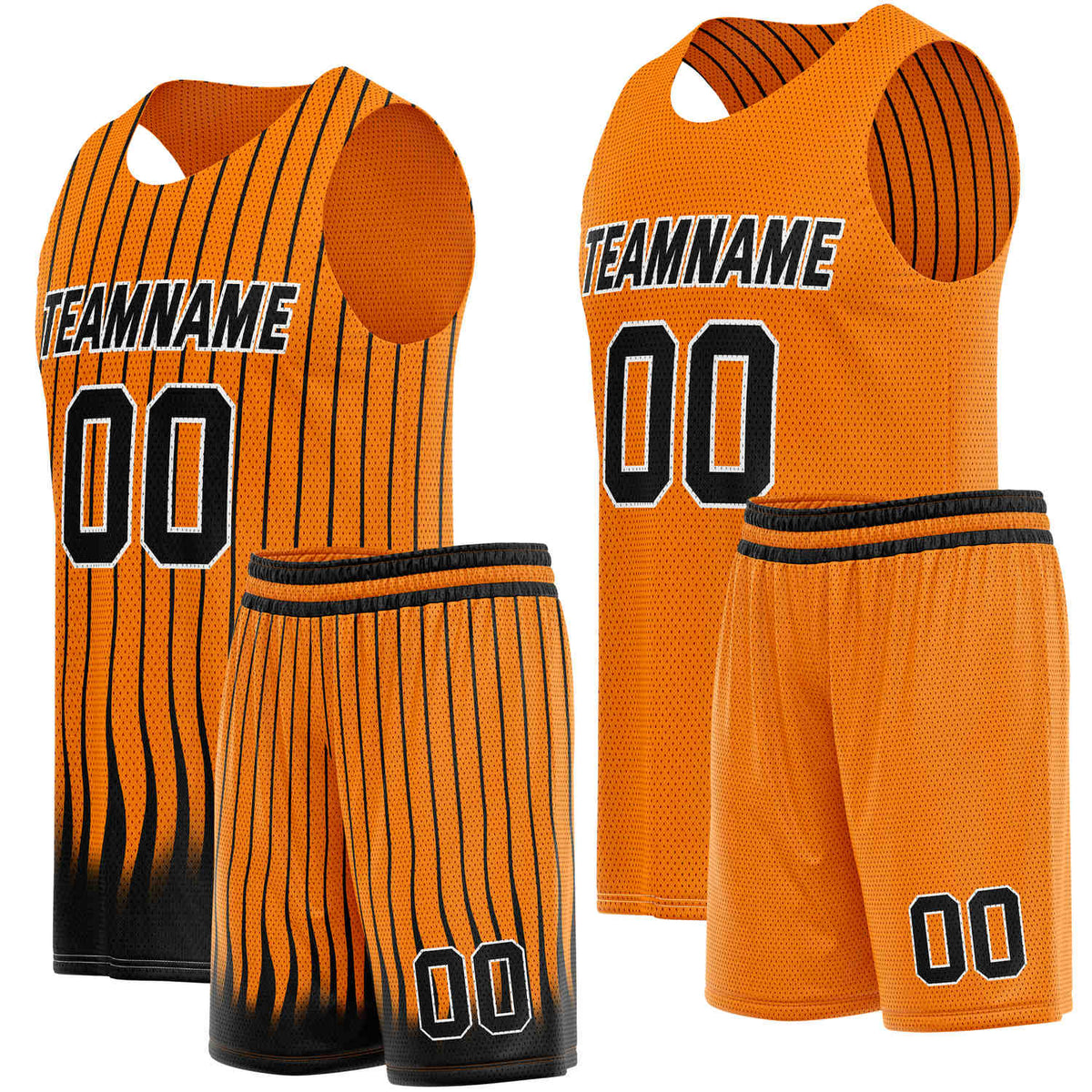 Custom Reversible Basketball Jersey + Shorts Set (Orange &amp; Black Stripe) - Personalized Team Name, Number &amp; LOGO | Vosoli
