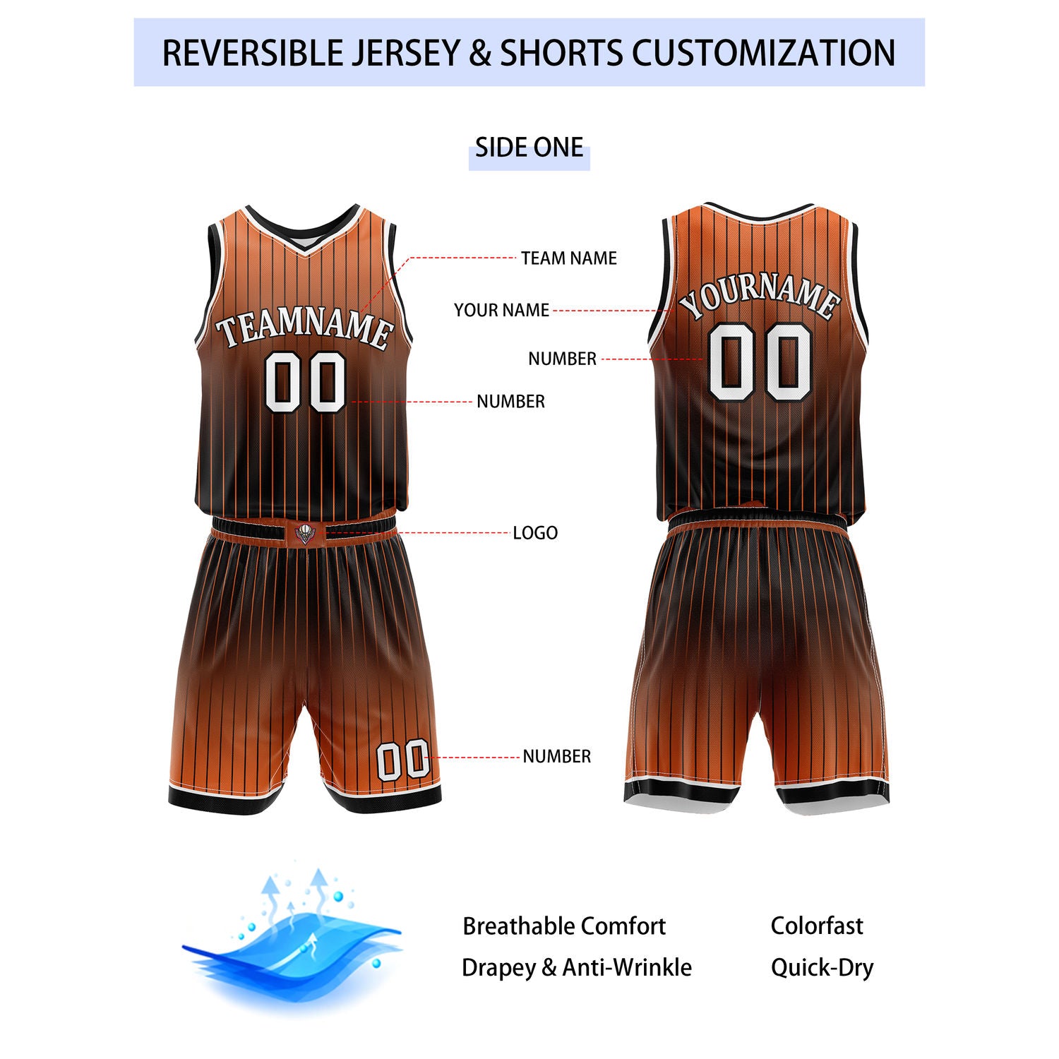 Custom Reversible Orange Black White Striped Basketball Uniform Set | Team & Player Name - Vosoli