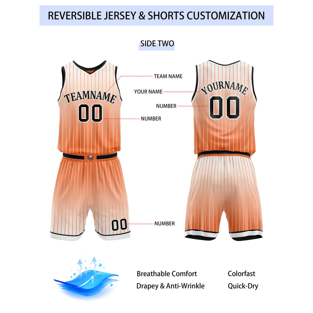 Custom Reversible Orange Black White Striped Basketball Uniform Set | Team & Player Name - Vosoli