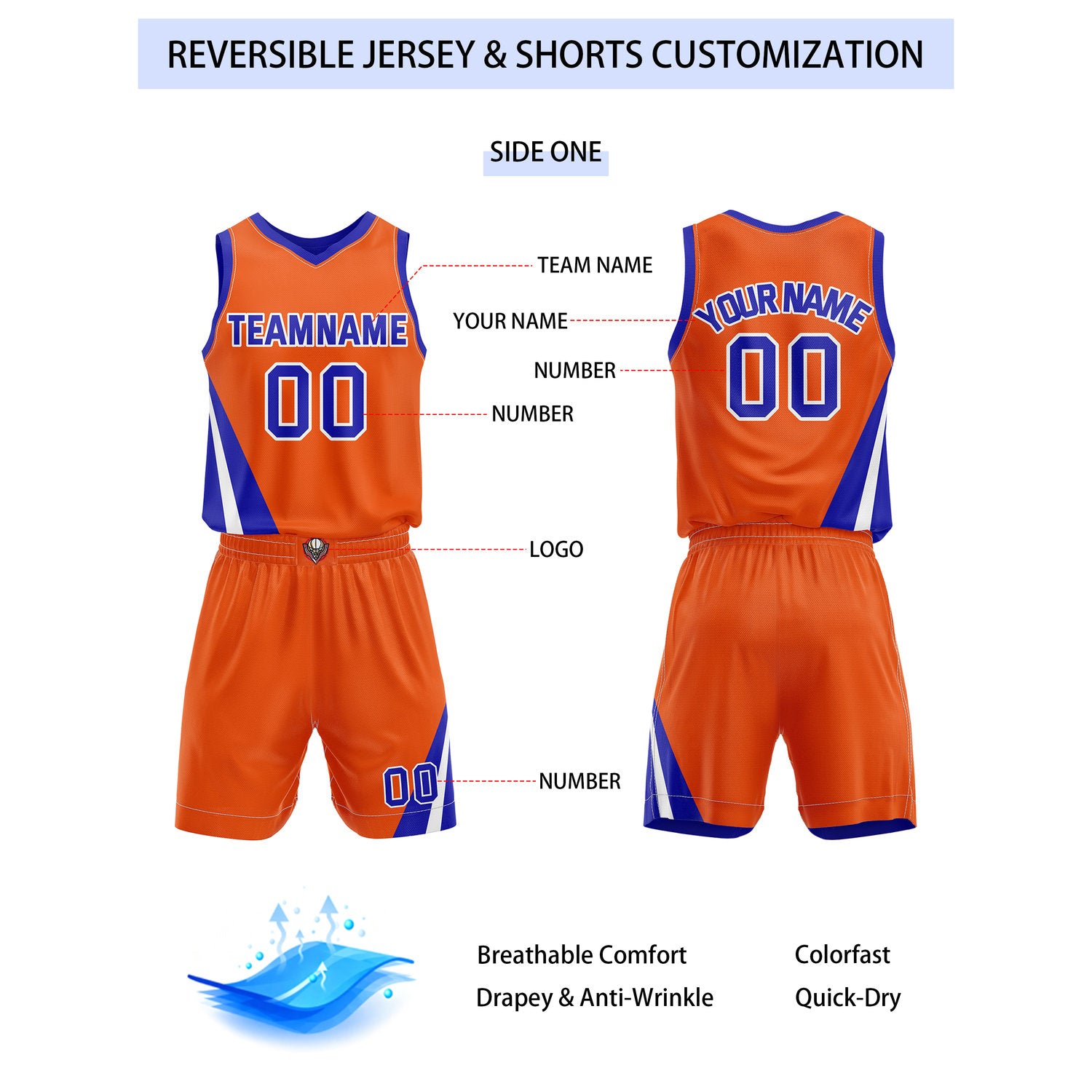 Custom Reversible Orange Blue Basketball Uniform Set | Team & Player Name - Vosoli