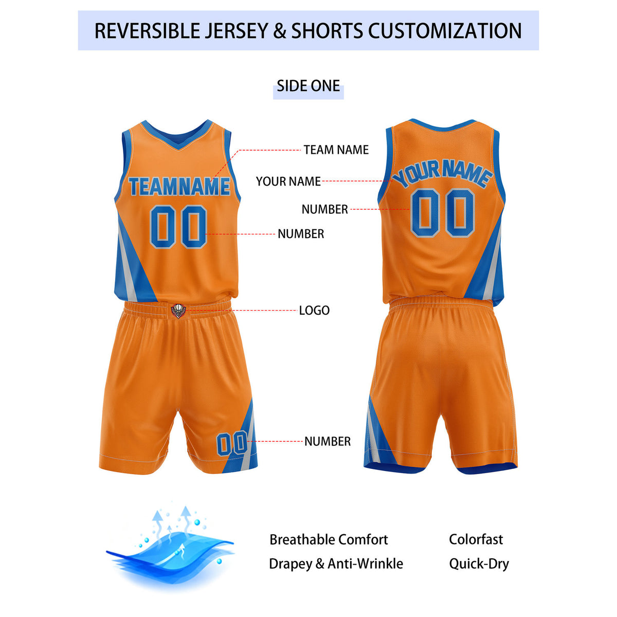 Custom Reversible Orange Blue Basketball Uniform Set | Team & Player Name - Vosoli