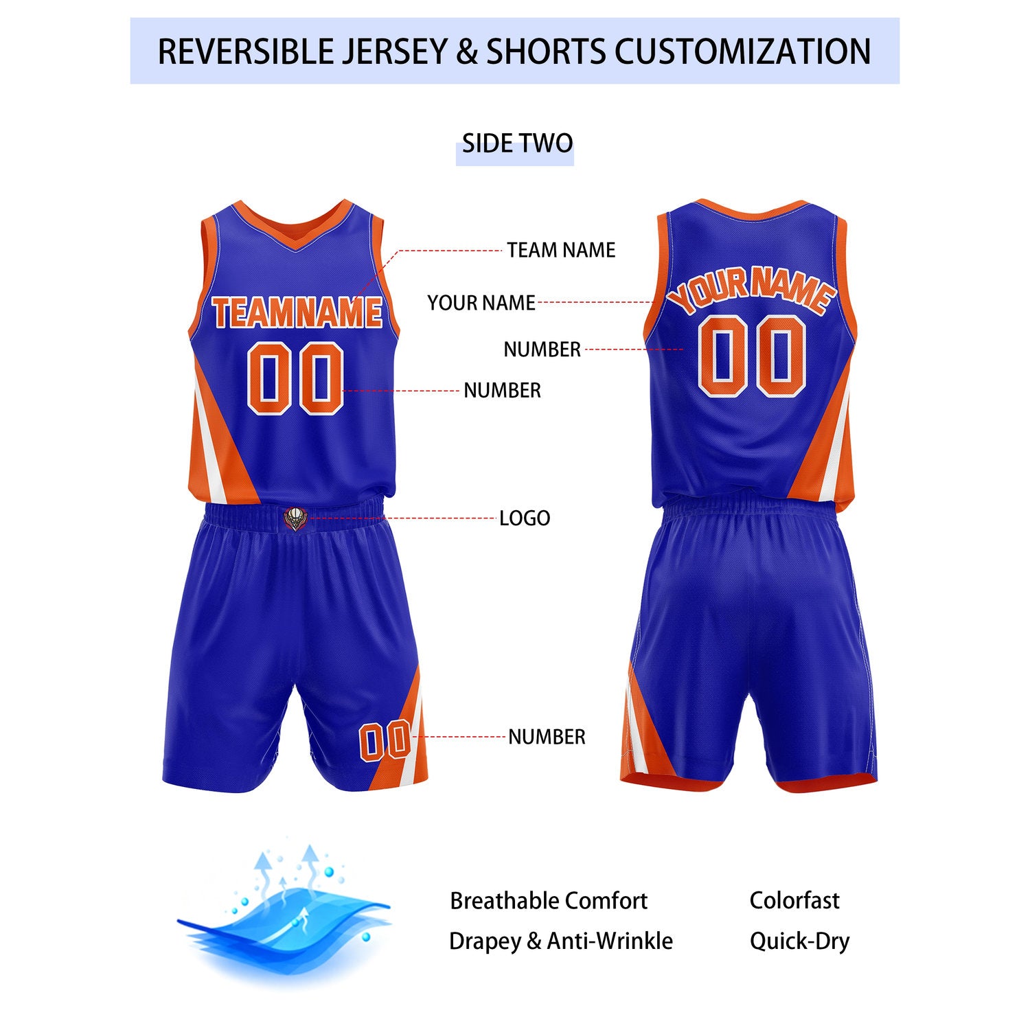 Custom Reversible Orange Blue Basketball Uniform Set | Team & Player Name - Vosoli