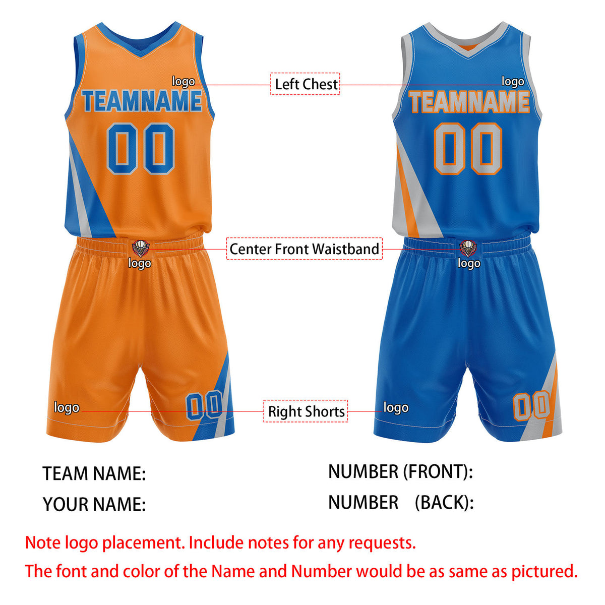 Custom Reversible Orange Blue Basketball Uniform Set | Team & Player Name - Vosoli