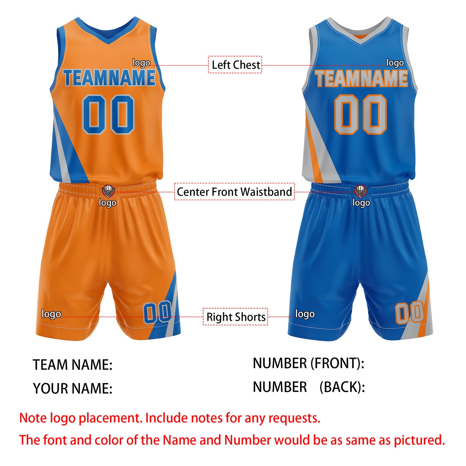 Custom Reversible Orange Blue Basketball Uniform Set | Team & Player Name - Vosoli