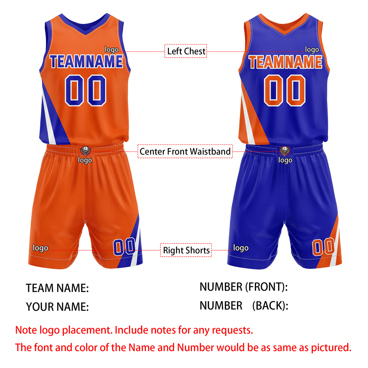 Custom Reversible Orange Blue Basketball Uniform Set | Team & Player Name - Vosoli