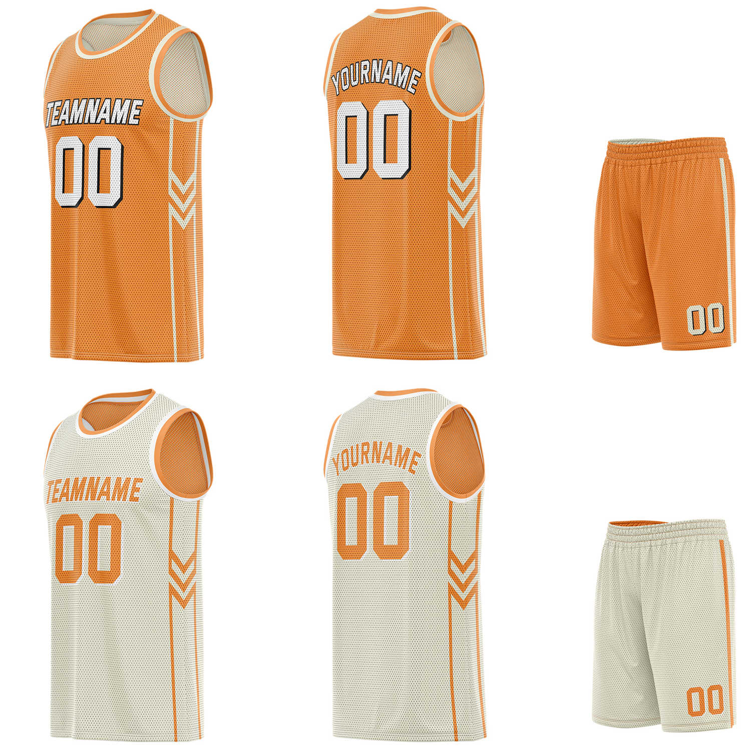 Custom reversible orange & light beige basketball uniform set, personalized with team name number and logo, breathable mesh fabric for men women youth game practice - Vosoli